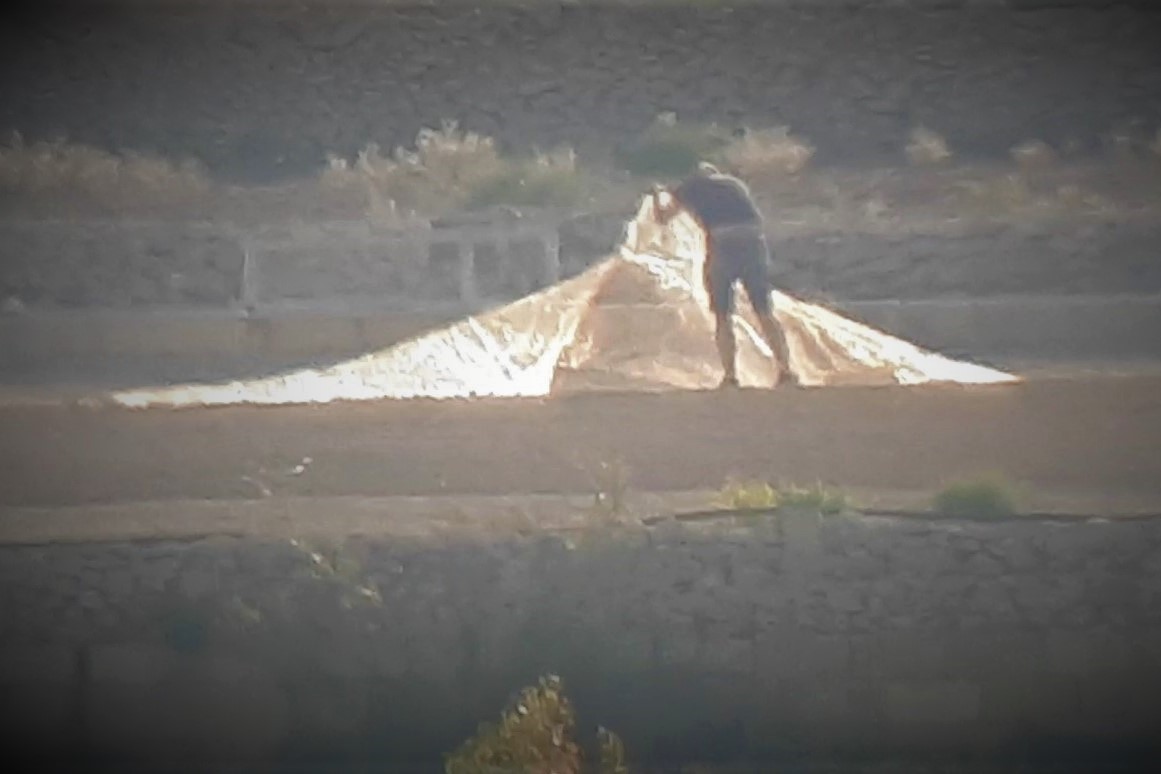 Vogelfänger an seinem Bodennetz.