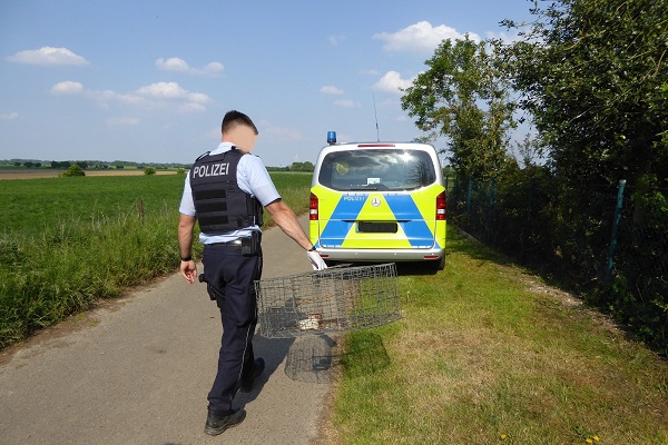 Polizei beim Abtransport der illegalen Vogelfalle
